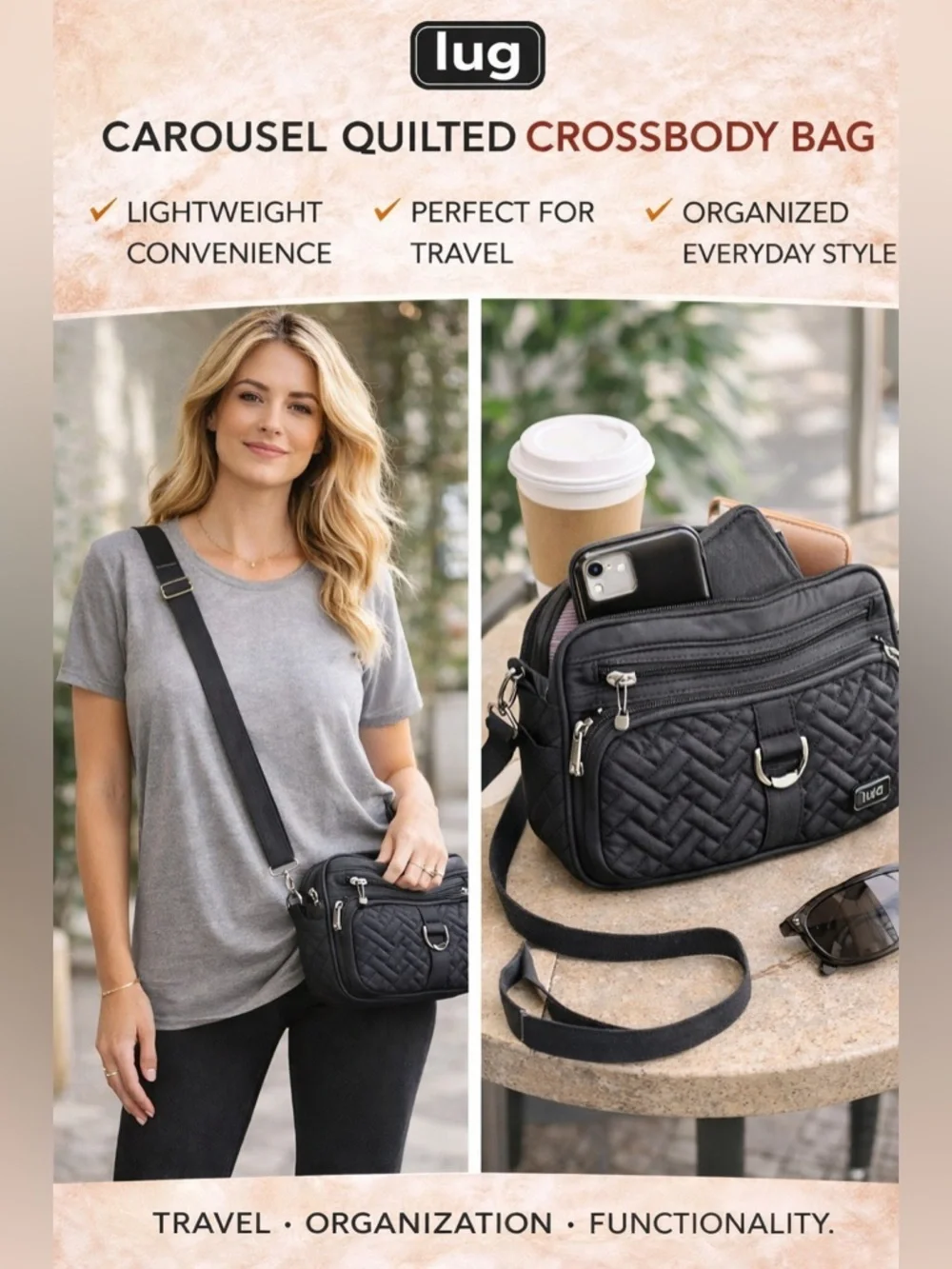 Lug Quilted Crossbody Bag Black‎ Travel Organizer Lightweight Carousel